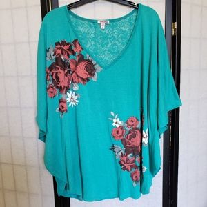 Bongo Plus Size Floral Laced Cotton Blend Batwing Pull-over Top